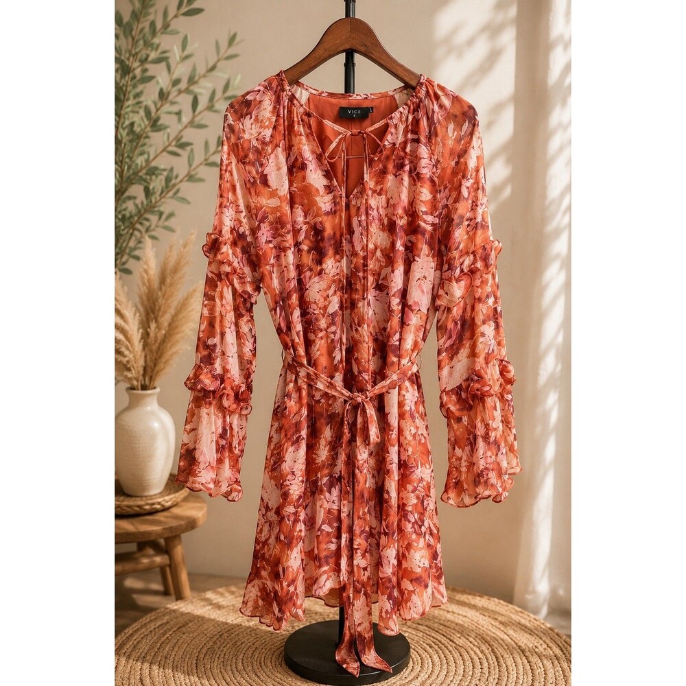 VICI Pink Floral Chiffon Mini Dress Size Small Ruffle Belted Long Sleeve